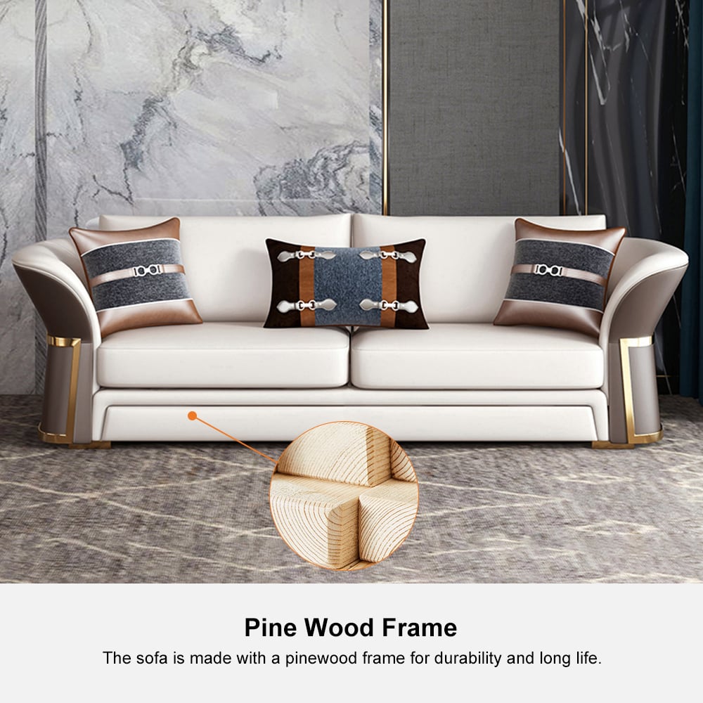 HMR - Modern Faux Leather Living Room Sofa Set in Brown & White Set of 3