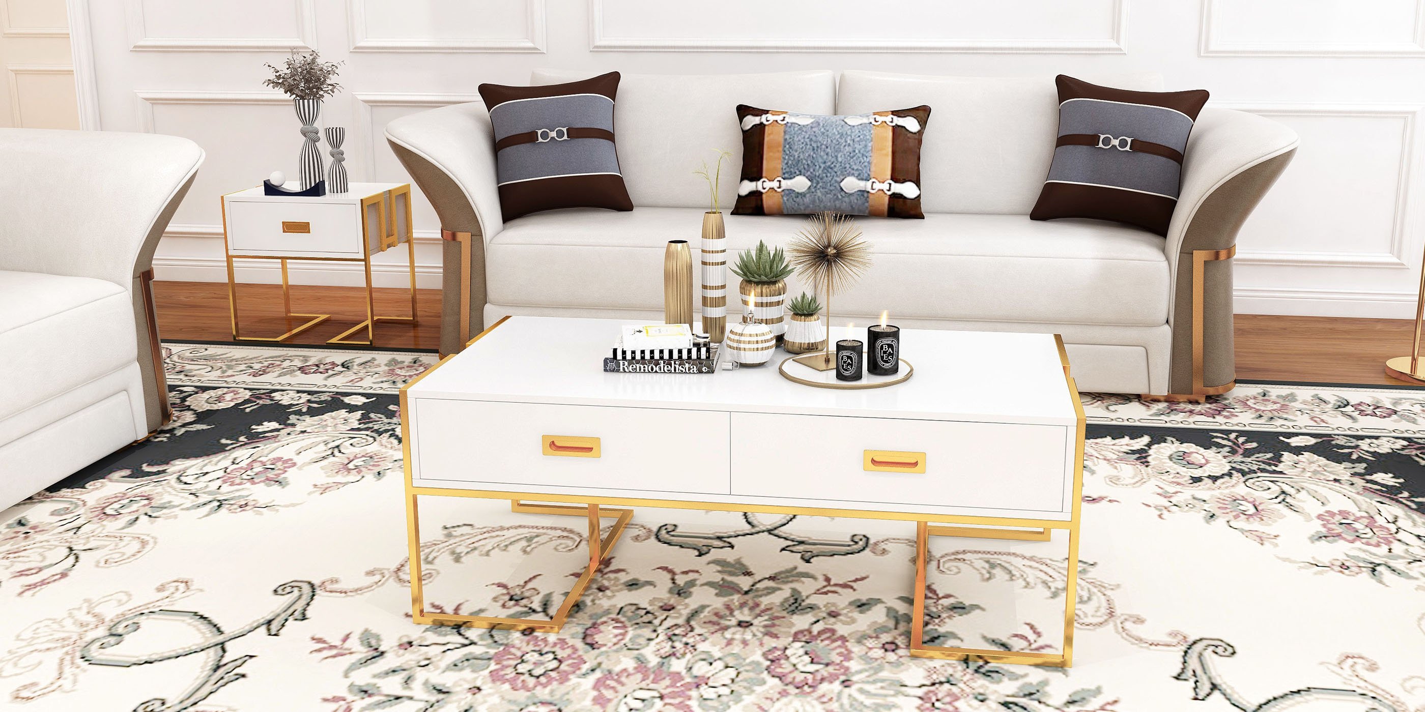 HMR - Modern Faux Leather Living Room Sofa Set in Brown & White Set of 3