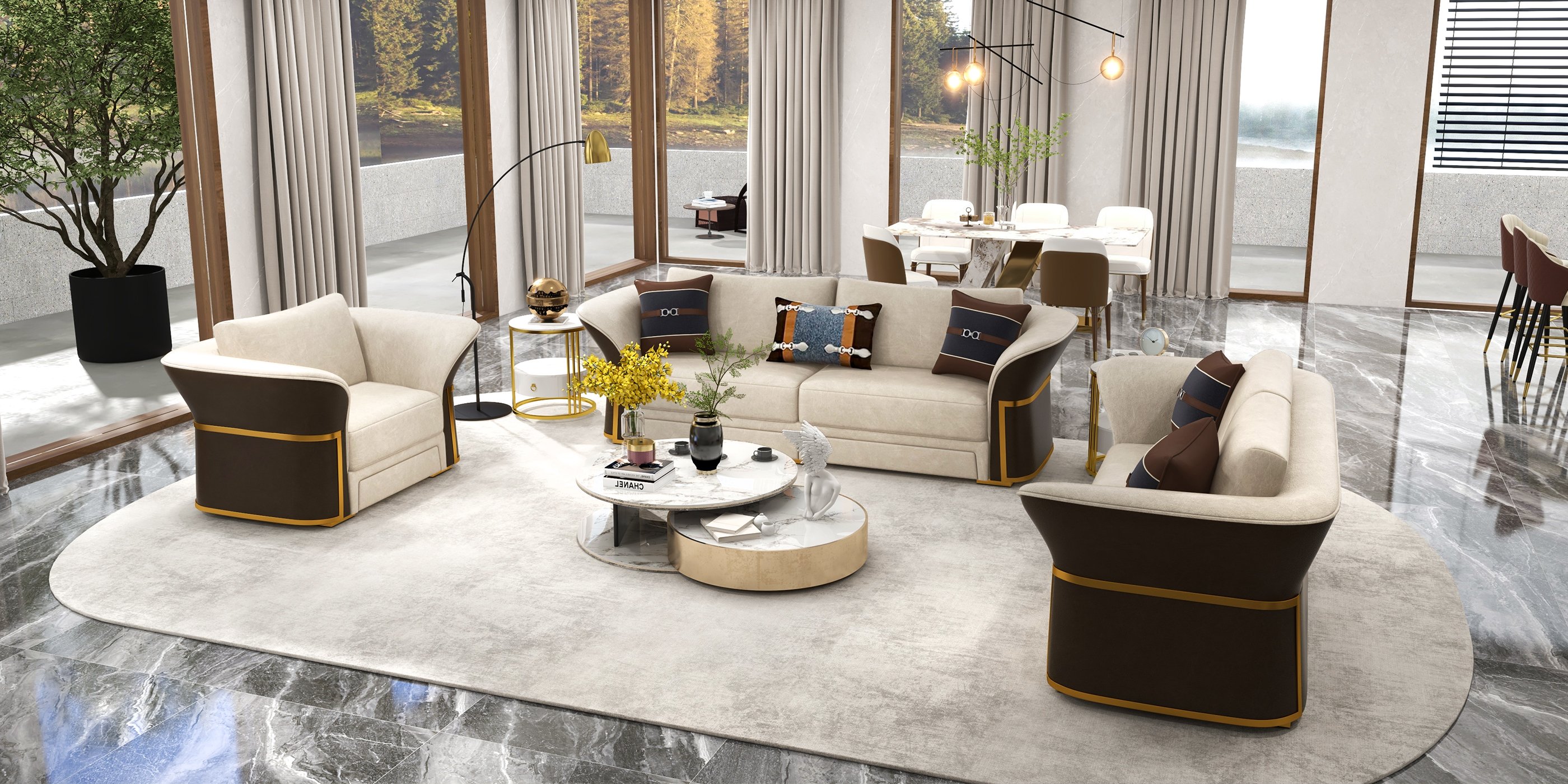 HMR - Modern Faux Leather Living Room Sofa Set in Brown & White Set of 3