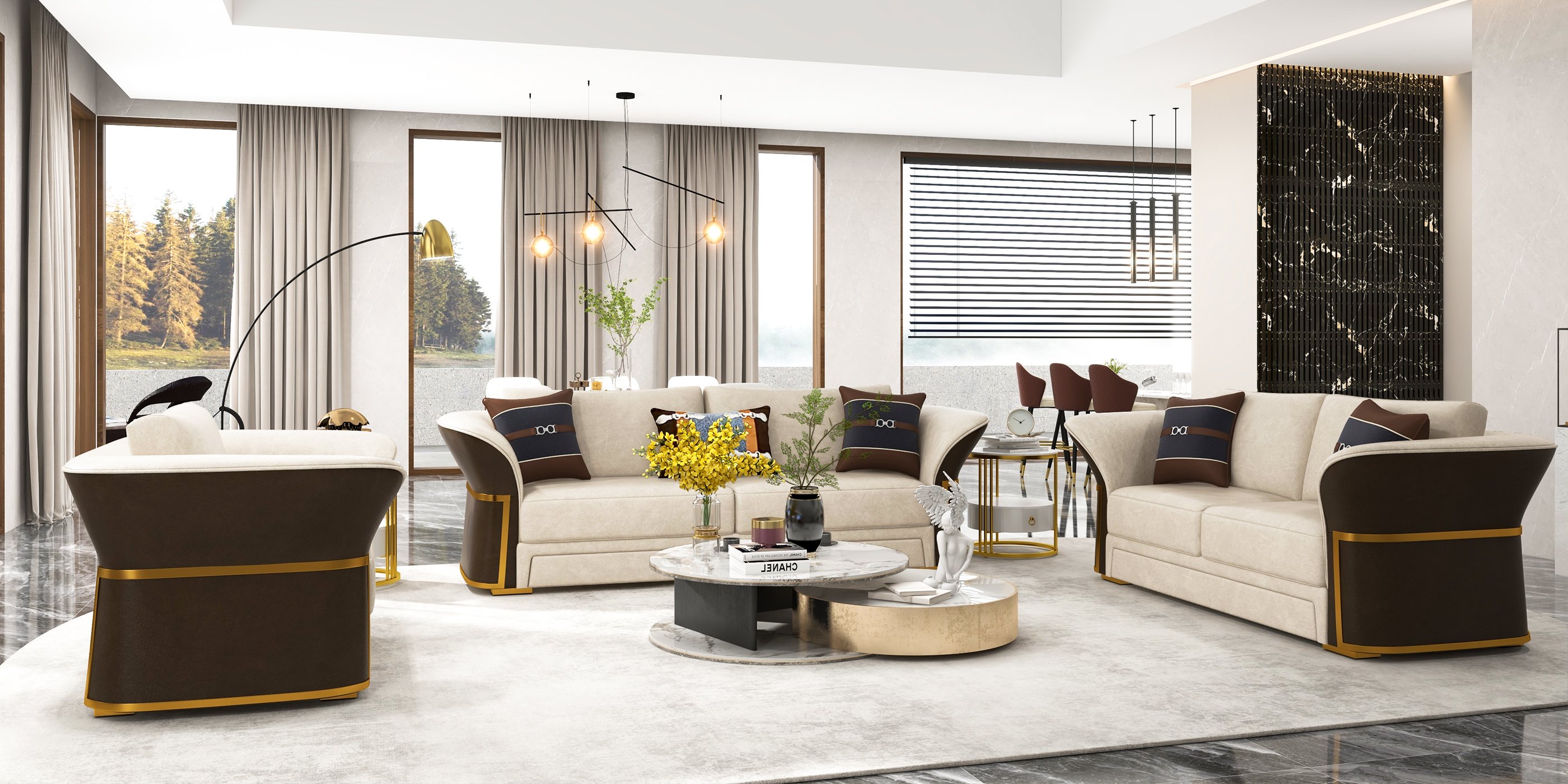 HMR - Modern Faux Leather Living Room Sofa Set in Brown & White Set of 3