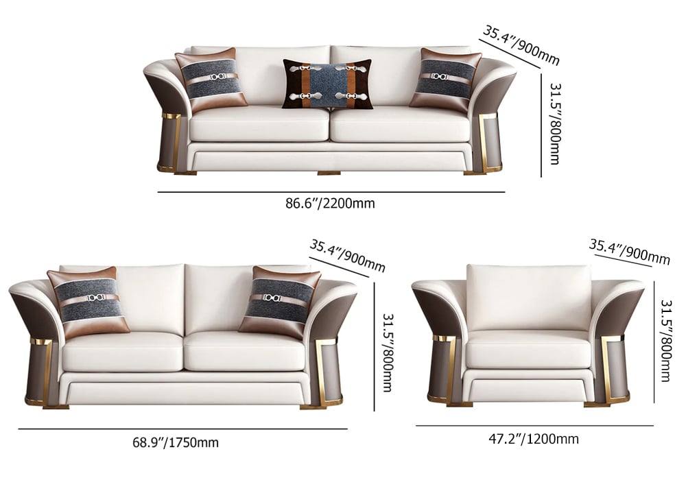 HMR - Modern Faux Leather Living Room Sofa Set in Brown & White Set of 3