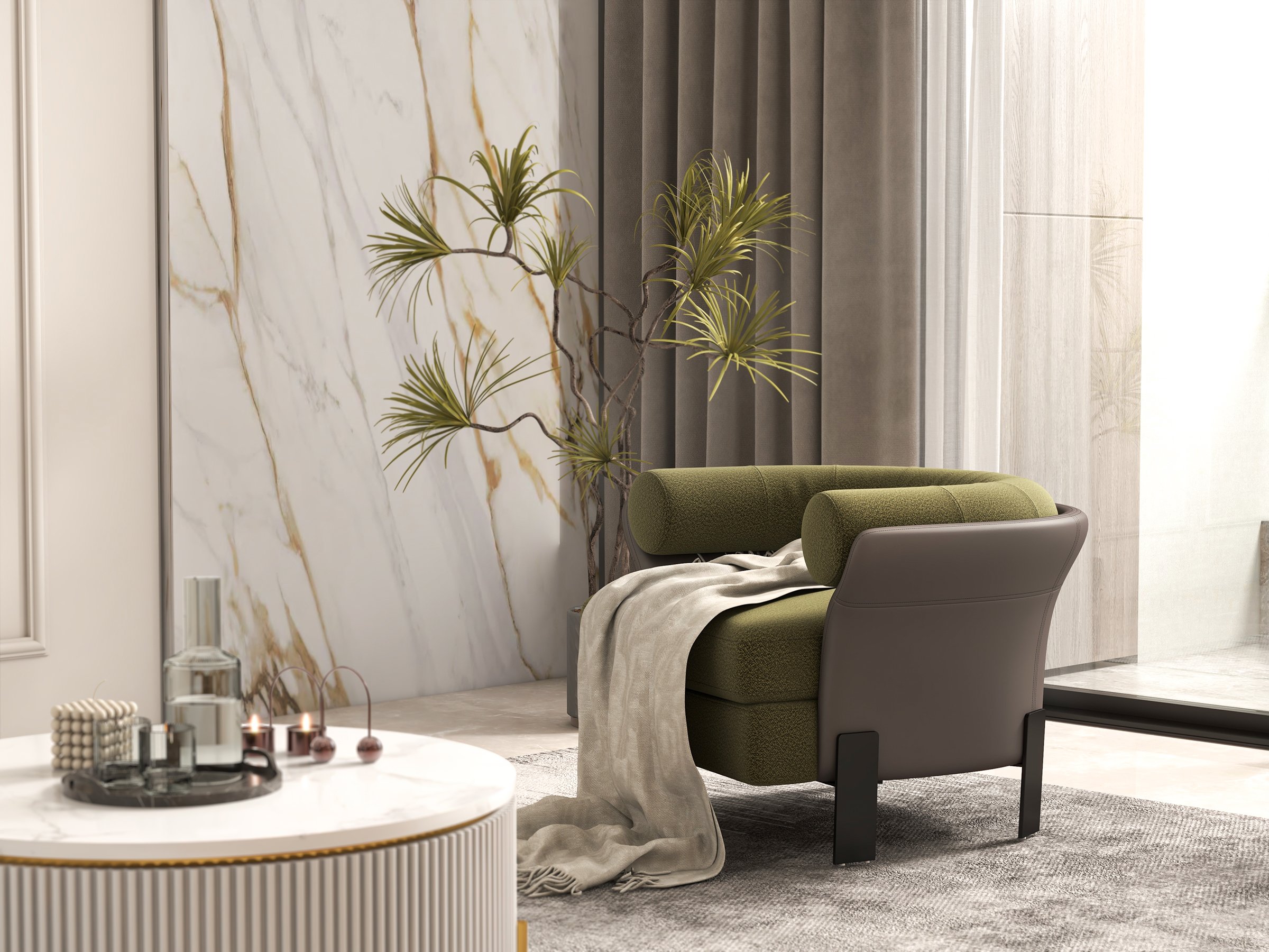 HMR - Modern Green Boucle Upholstered Accent Chair with Round Back