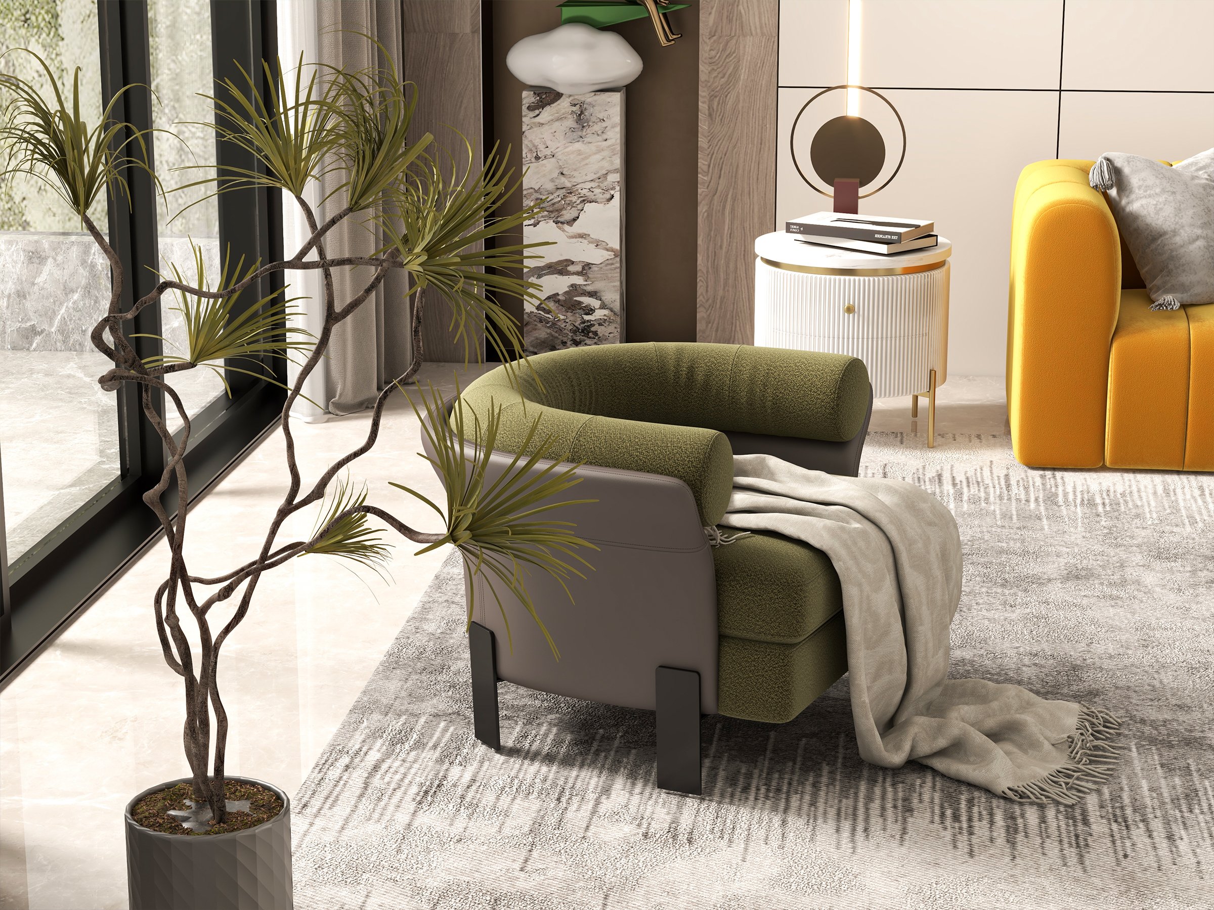 HMR - Modern Green Boucle Upholstered Accent Chair with Round Back