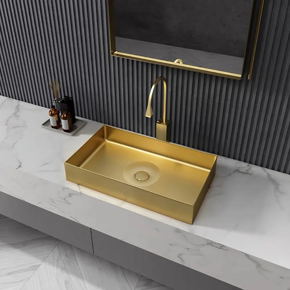HMR Contemporary Rectangular Stainless Steel Vessel Sink Luxury Wash Sink - Gold, 21.65"