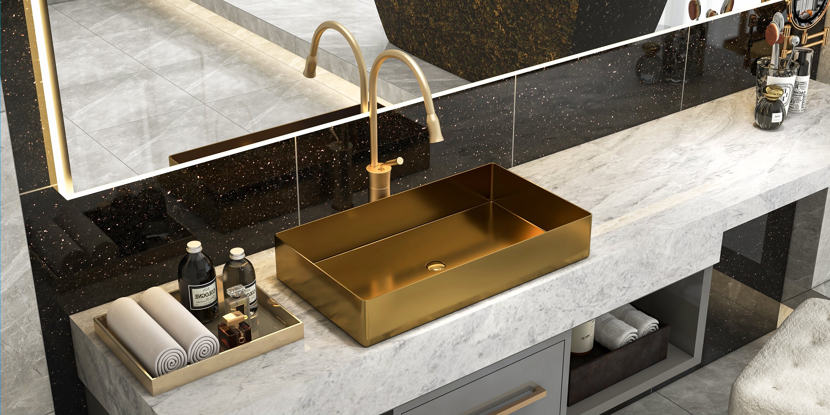 HMR Contemporary Rectangular Stainless Steel Vessel Sink Luxury Wash Sink - Gold, 21.65"