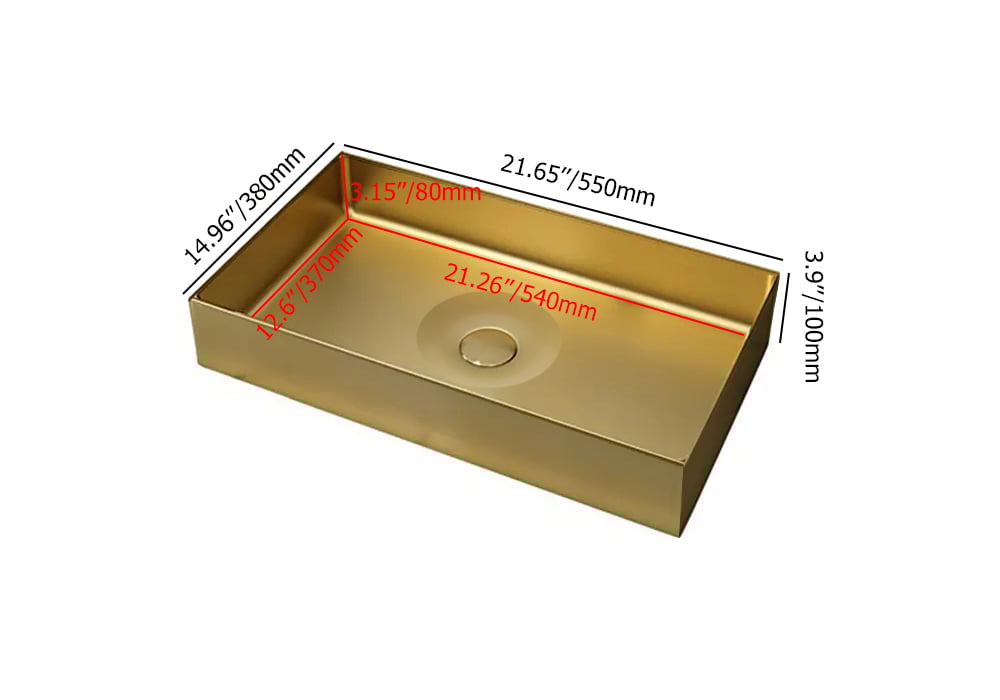 HMR Contemporary Rectangular Stainless Steel Vessel Sink Luxury Wash Sink - Gold, 21.65"