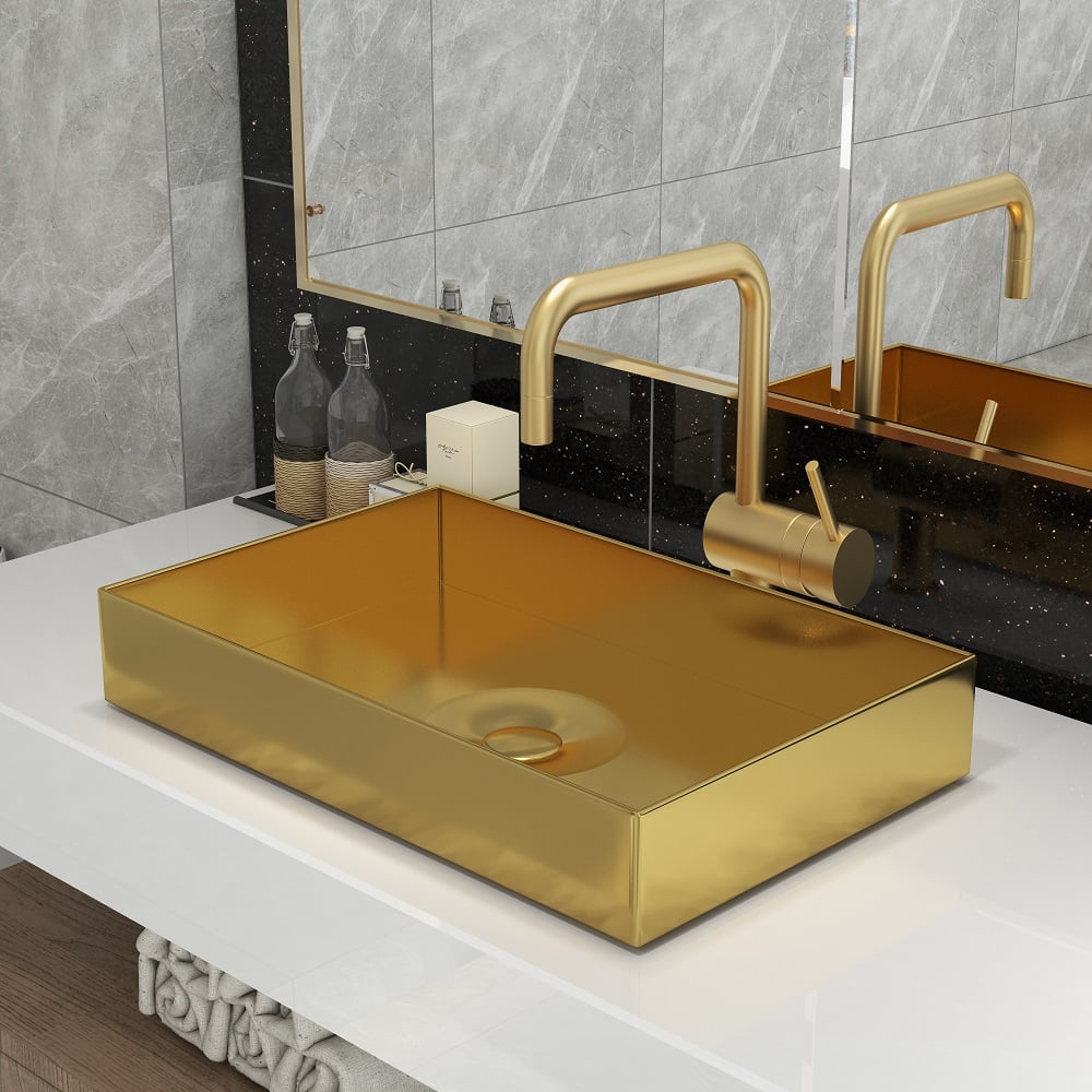 HMR Contemporary Rectangular Stainless Steel Vessel Sink Luxury Wash Sink - Gold, 18.5"