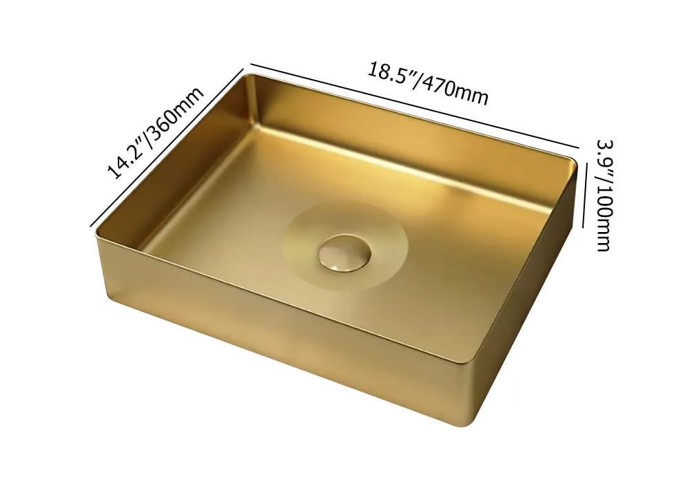 HMR Contemporary Rectangular Stainless Steel Vessel Sink Luxury Wash Sink - Gold, 18.5"