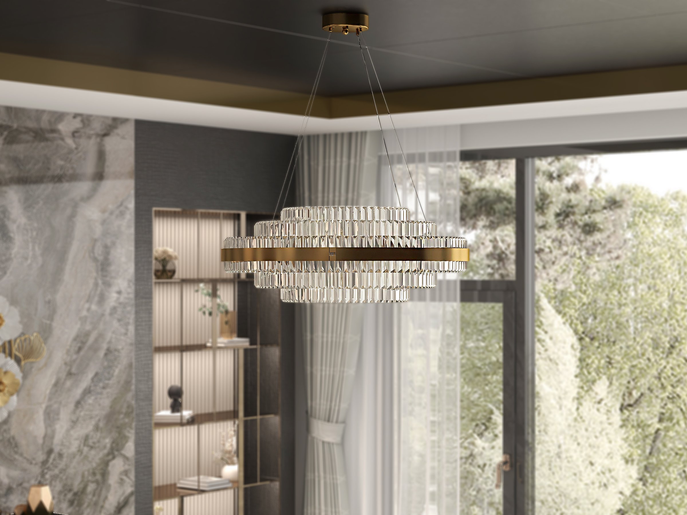 HMR - Fixedo Modern Tiered Crystal LED Chandelier in Brass Pendant Light