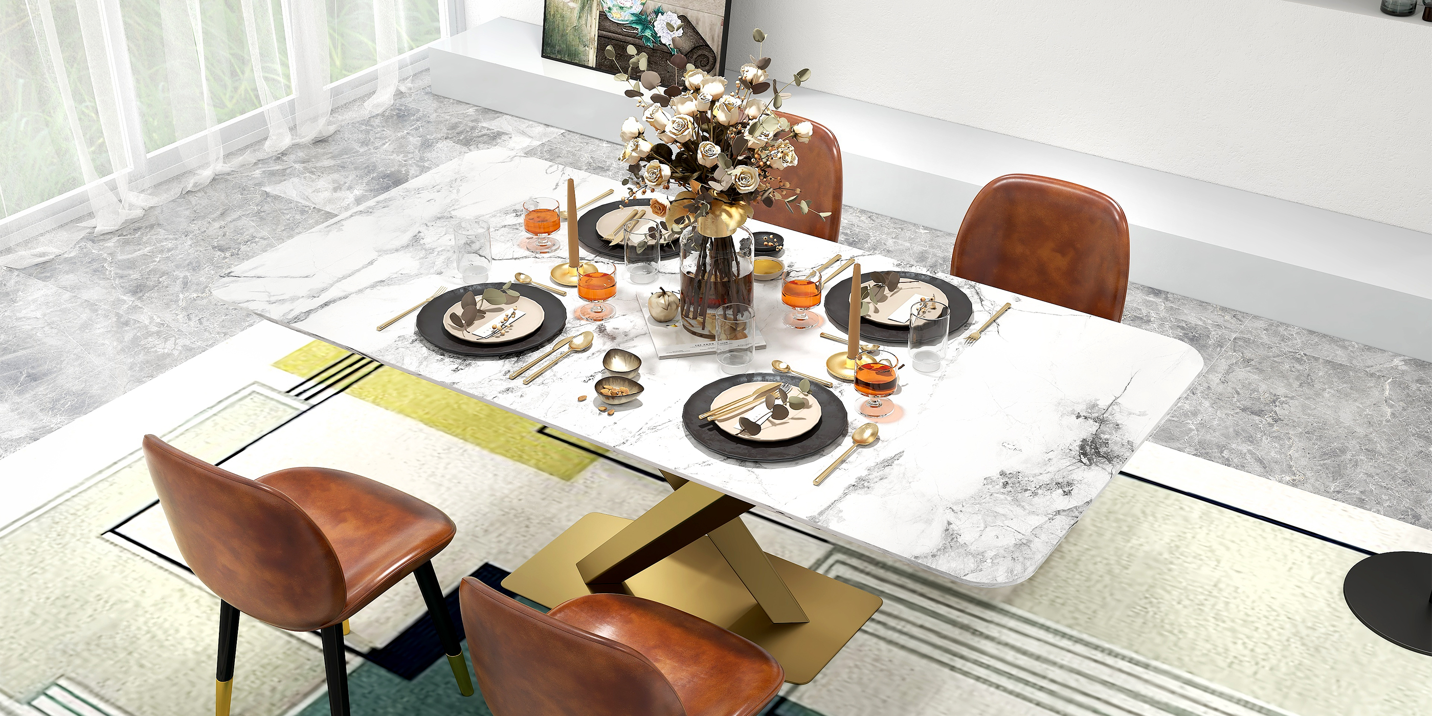 HMR Modern Style Rectangular Sintered Stone Dining Table - 70.9" (Seats 4-6 People)