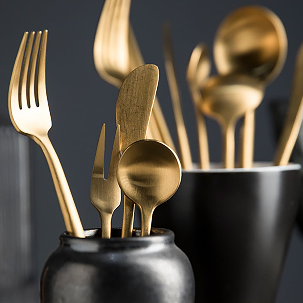 HMR - 60-Pieces Stainless Steel Flatware Set in Brushed Gold, Service for 12
