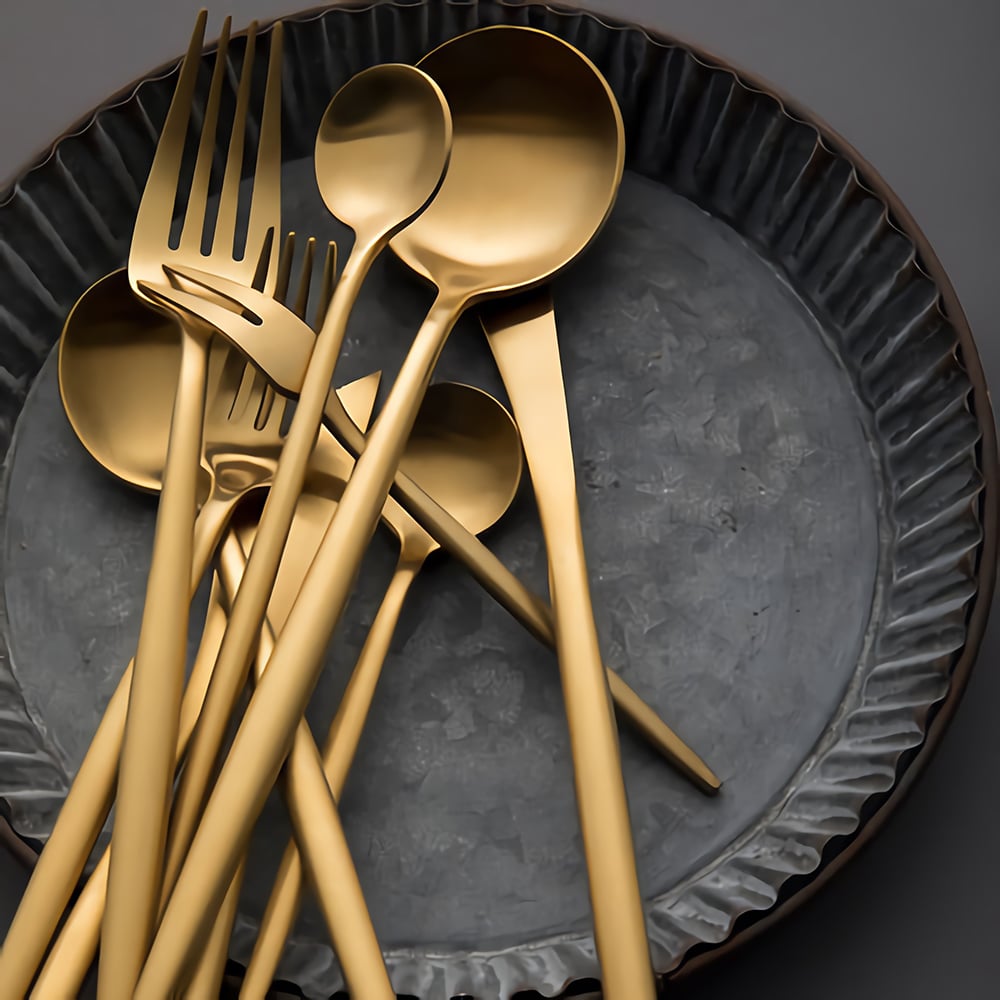 HMR - 60-Pieces Stainless Steel Flatware Set in Brushed Gold, Service for 12