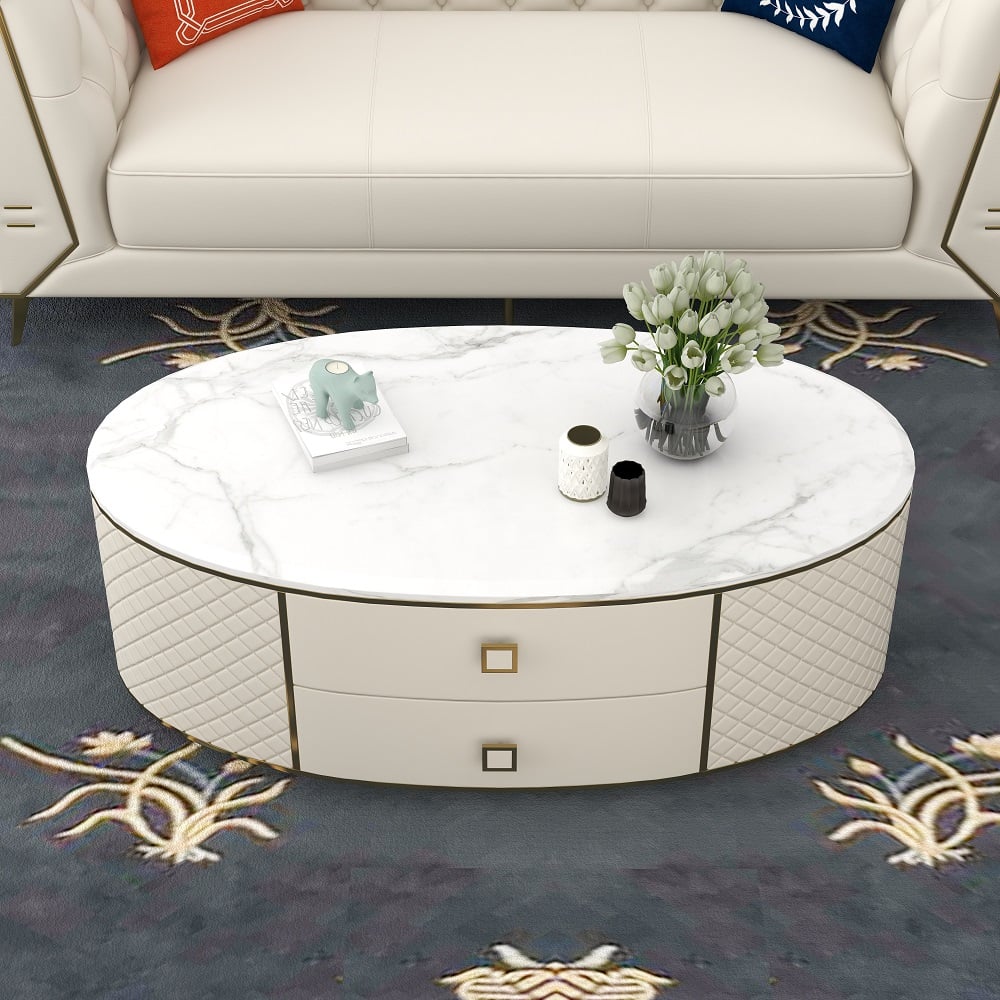HMR - Modern White Oval Sintered Stone Top Coffee Table Microfiber Leather with 2 Drawers