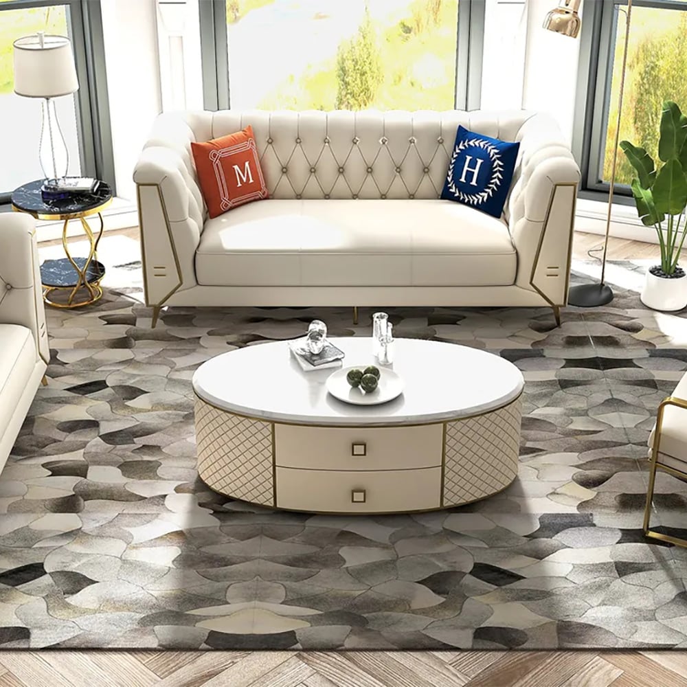HMR - Modern White Oval Sintered Stone Top Coffee Table Microfiber Leather with 2 Drawers