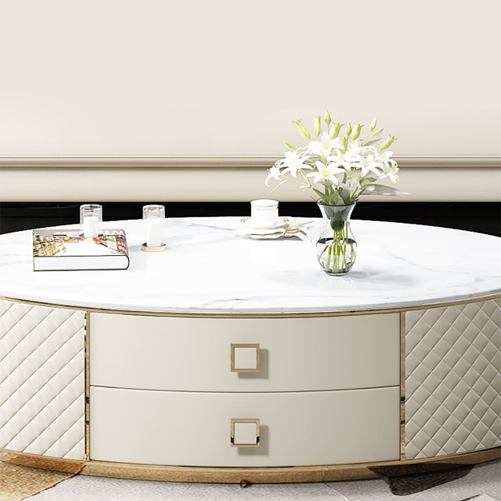 HMR - Modern White Oval Sintered Stone Top Coffee Table Microfiber Leather with 2 Drawers