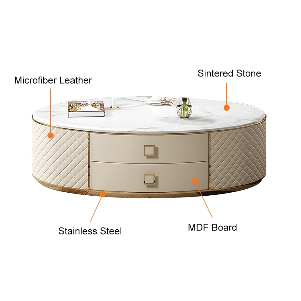 HMR - Modern White Oval Sintered Stone Top Coffee Table Microfiber Leather with 2 Drawers