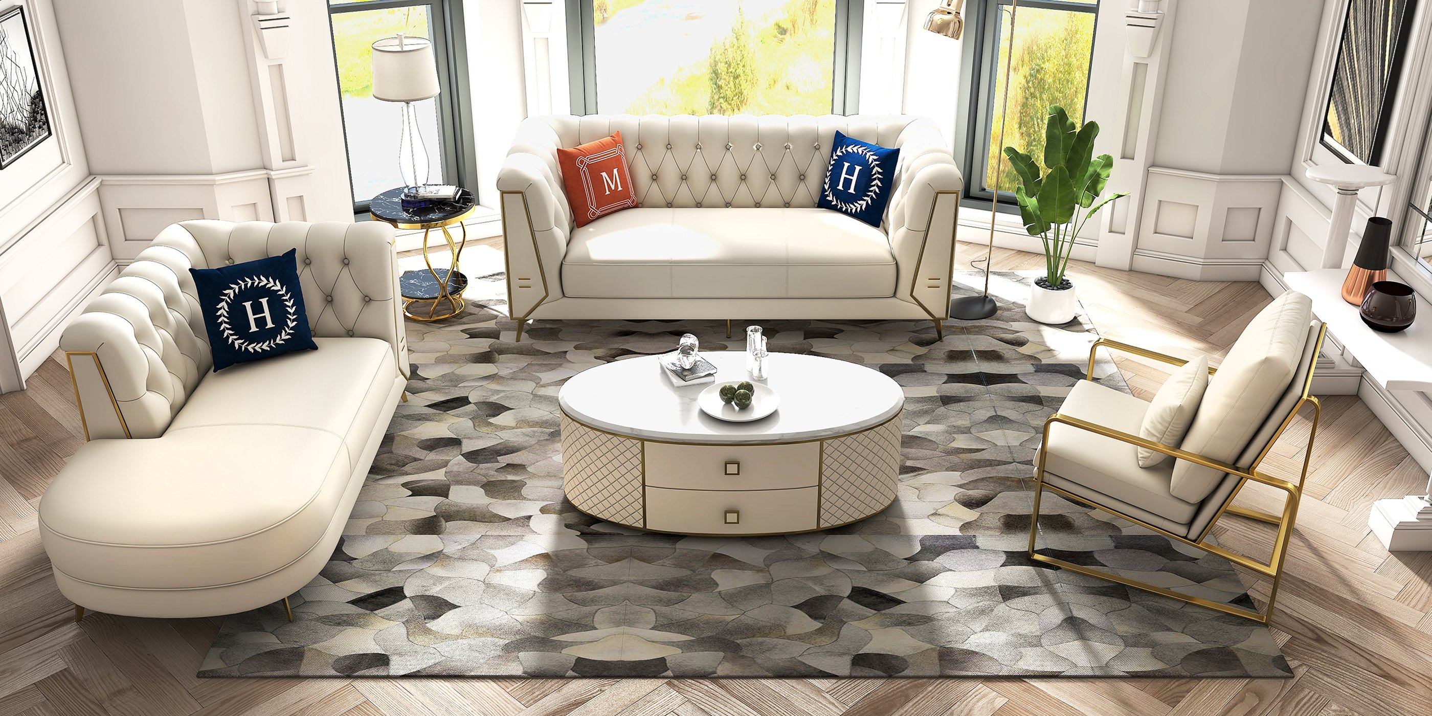 HMR - Modern White Oval Sintered Stone Top Coffee Table Microfiber Leather with 2 Drawers