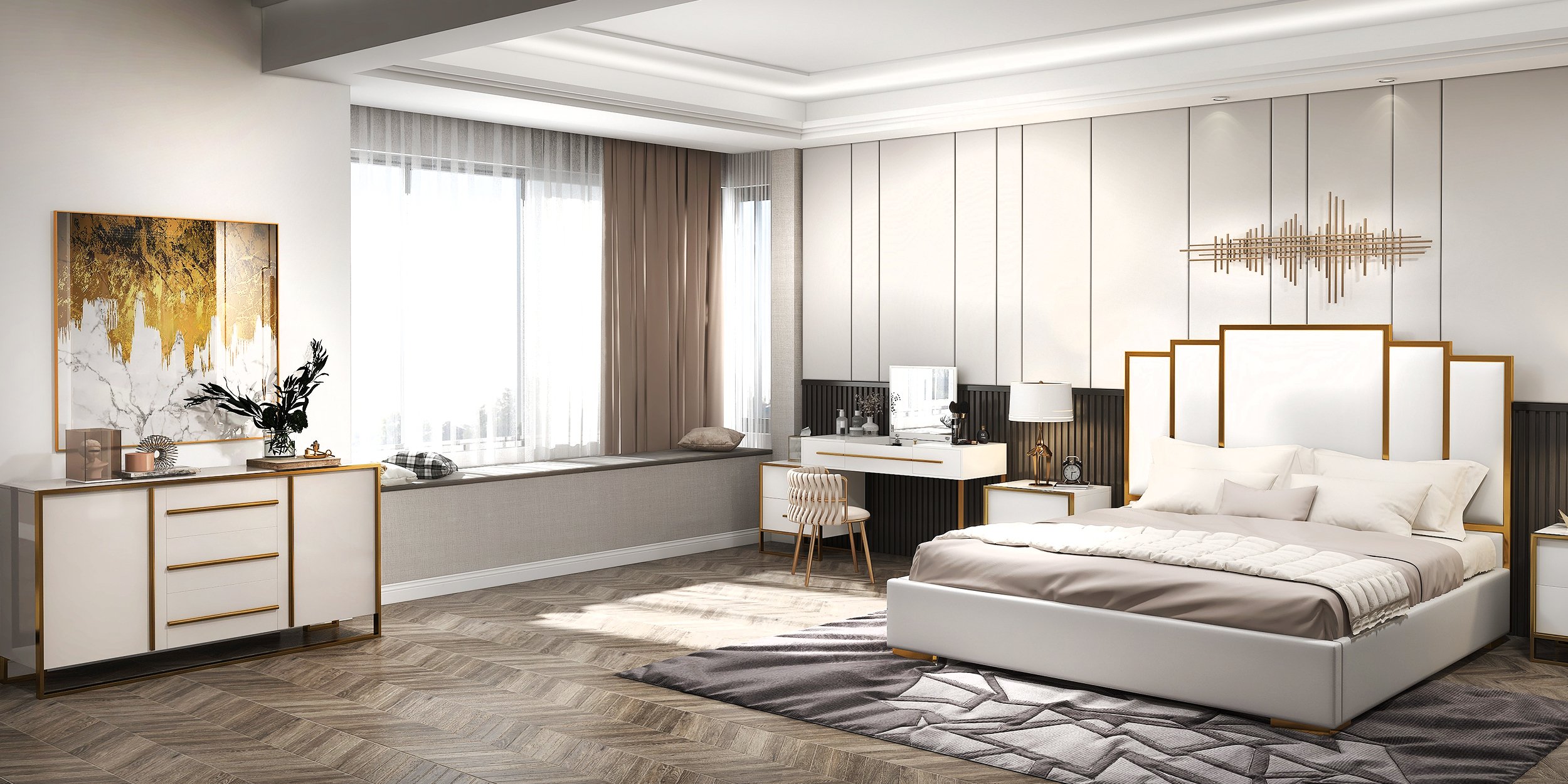 HMR Modern Faux Leather Upholstered Bed with Geometric Headboard Included - White, Cal King Size