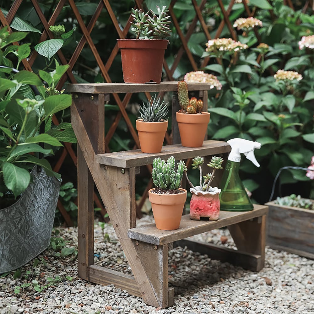 HMR - Wooden 3-Tier Plant Pots Stand for Outdoor in Distressed Brown