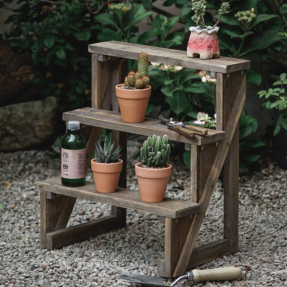 HMR - Wooden 3-Tier Plant Pots Stand for Outdoor in Distressed Brown