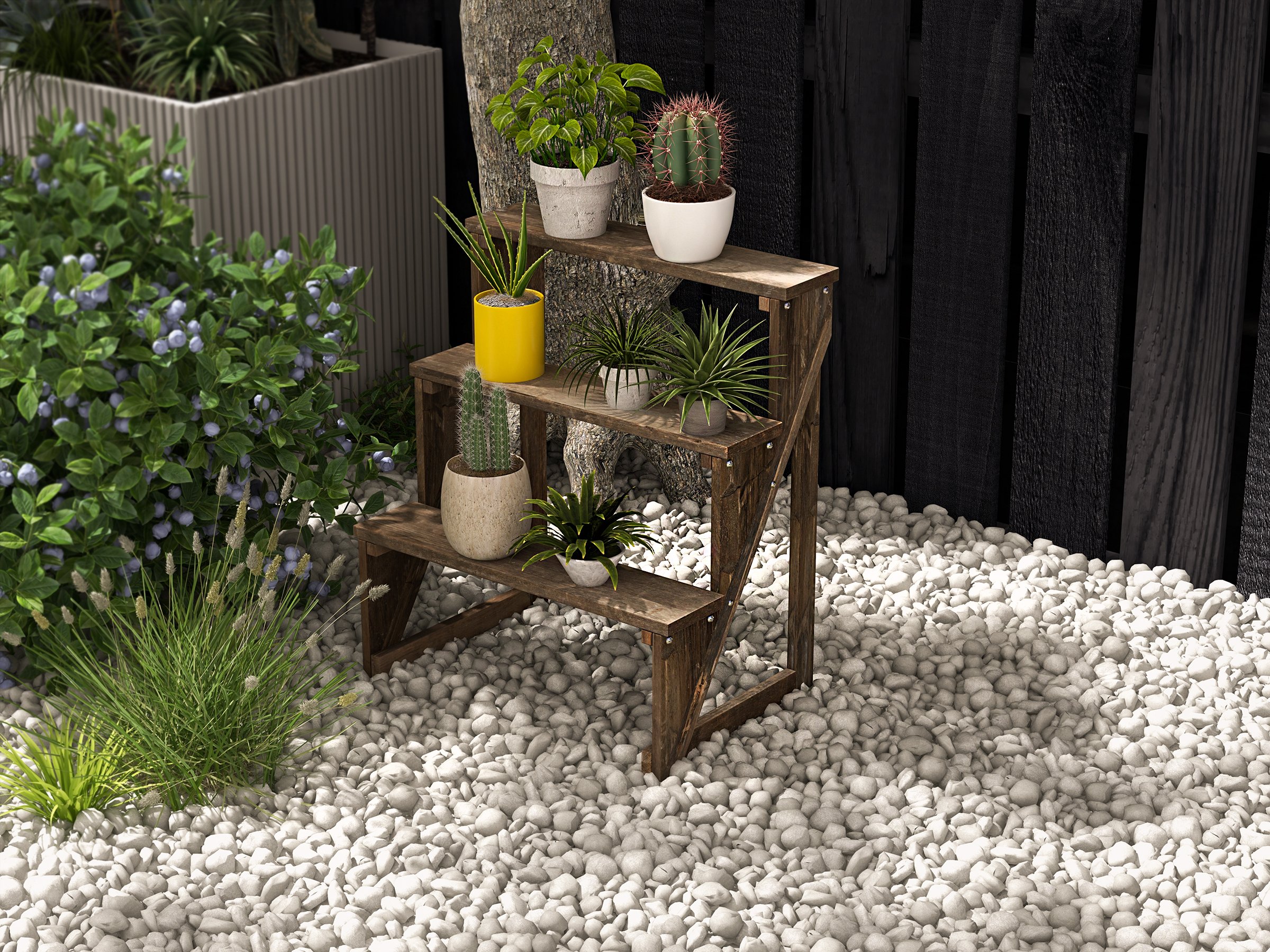 HMR - Wooden 3-Tier Plant Pots Stand for Outdoor in Distressed Brown