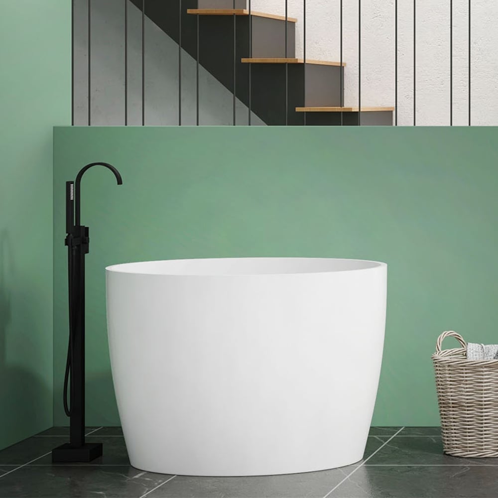 HMR - 39.37" Modern Deep Oval Freestanding Stone Resin Soaking Bathtub White