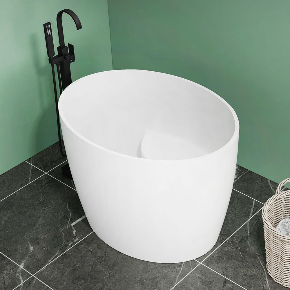 HMR - 39.37" Modern Deep Oval Freestanding Stone Resin Soaking Bathtub White