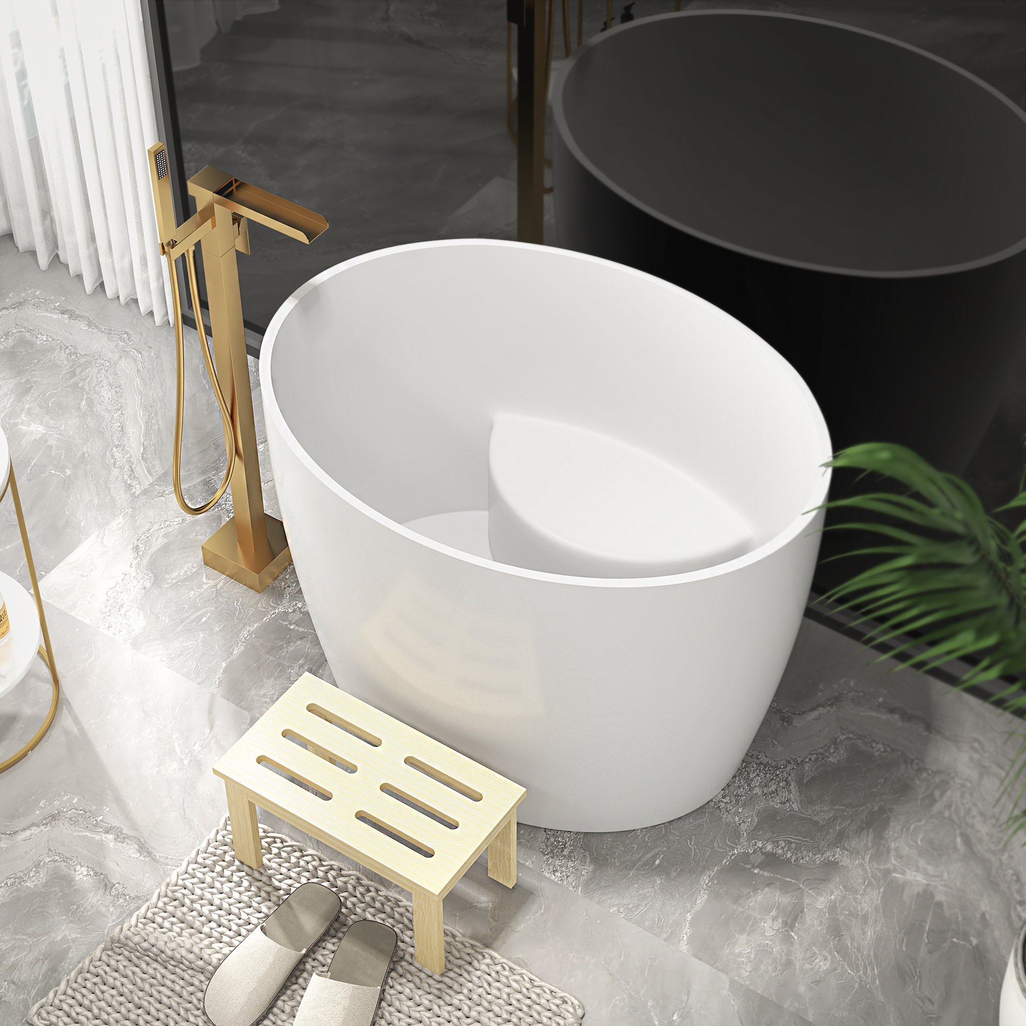 HMR - 39.37" Modern Deep Oval Freestanding Stone Resin Soaking Bathtub White