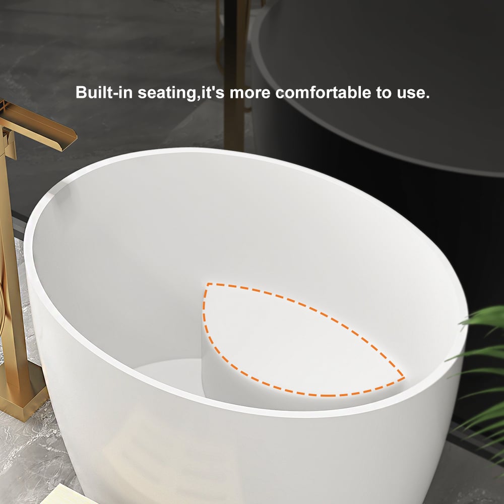 HMR - 39.37" Modern Deep Oval Freestanding Stone Resin Soaking Bathtub White