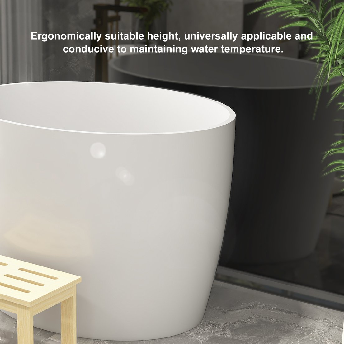 HMR - 39.37" Modern Deep Oval Freestanding Stone Resin Soaking Bathtub White