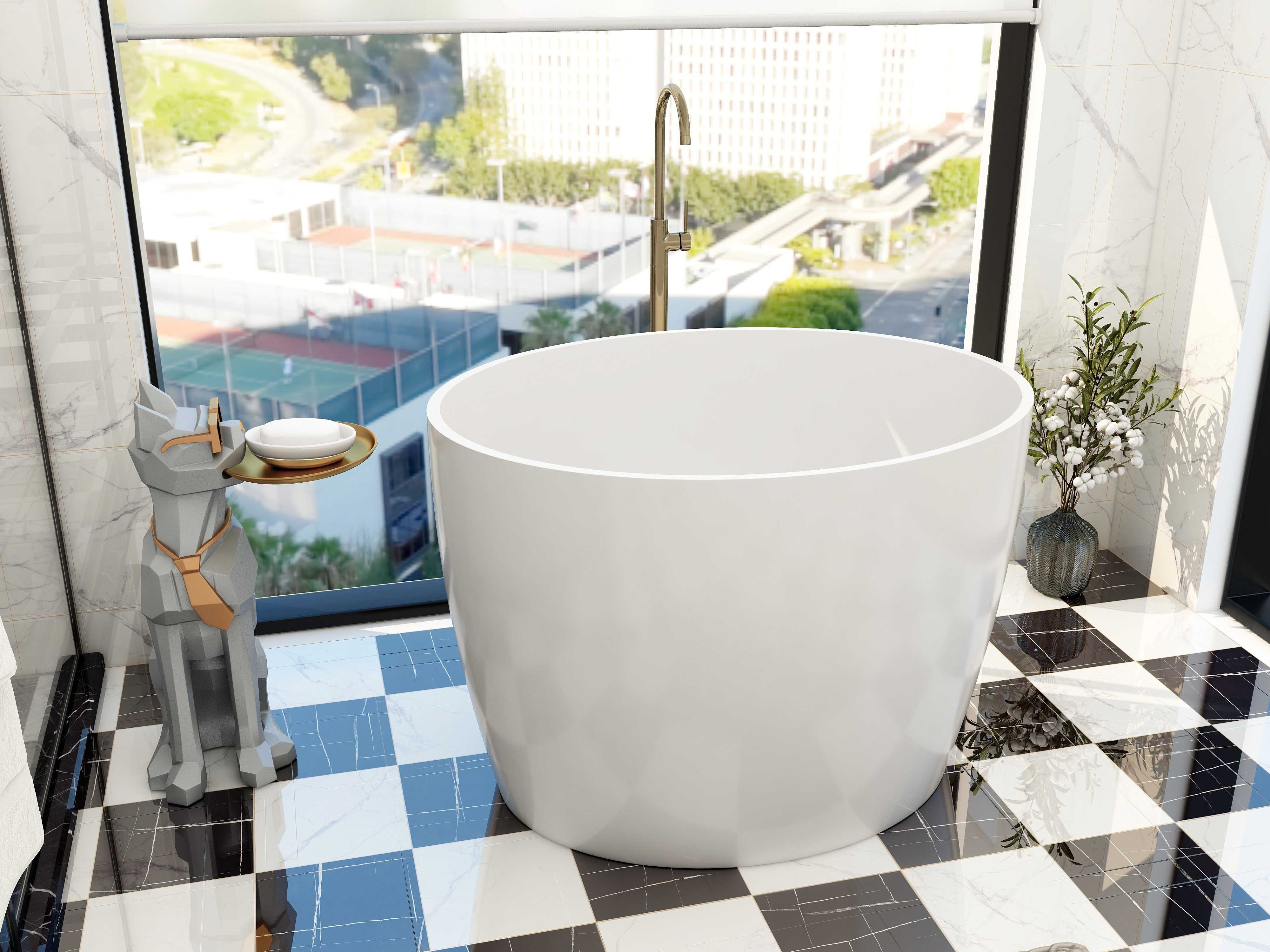HMR - 39.37" Modern Deep Oval Freestanding Stone Resin Soaking Bathtub White