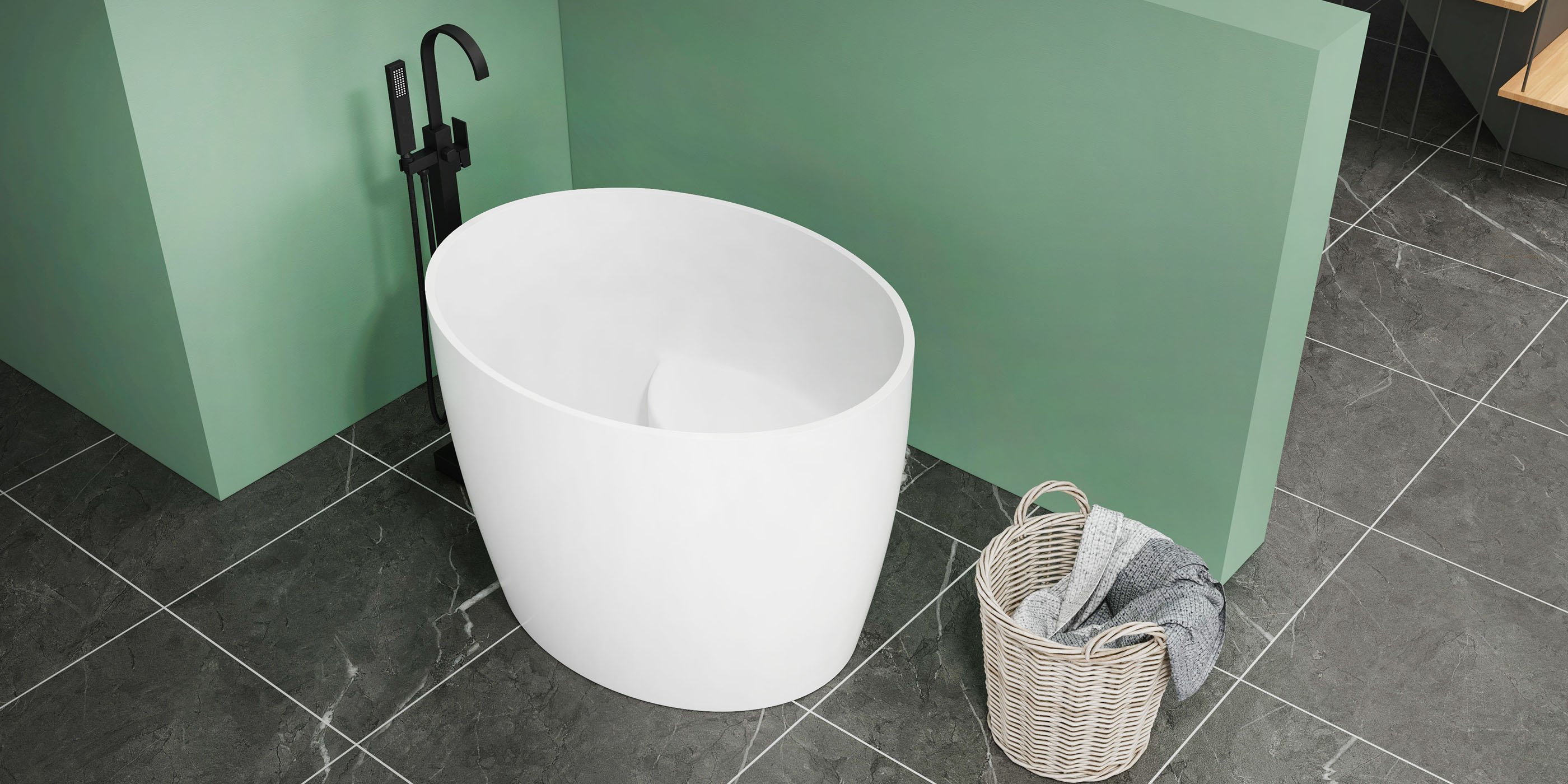 HMR - 39.37" Modern Deep Oval Freestanding Stone Resin Soaking Bathtub White