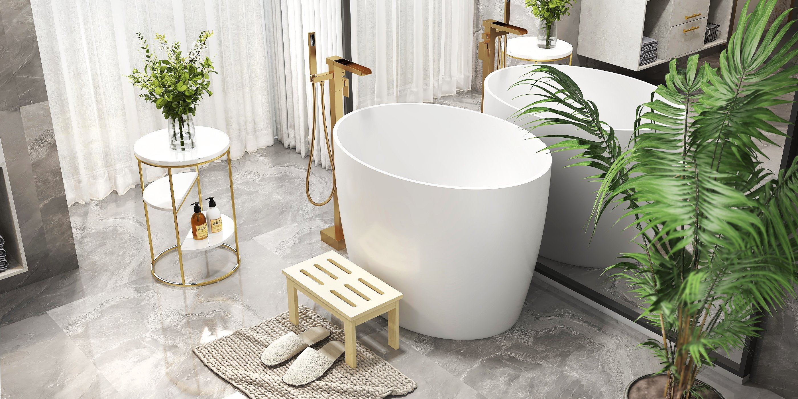 HMR - 39.37" Modern Deep Oval Freestanding Stone Resin Soaking Bathtub White