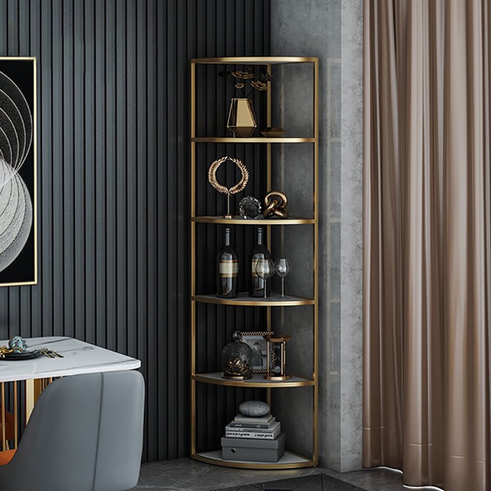 HMR - 6-Tier Modern Fan-Shaped Shelves Standing Corner Shelf in White & Gold