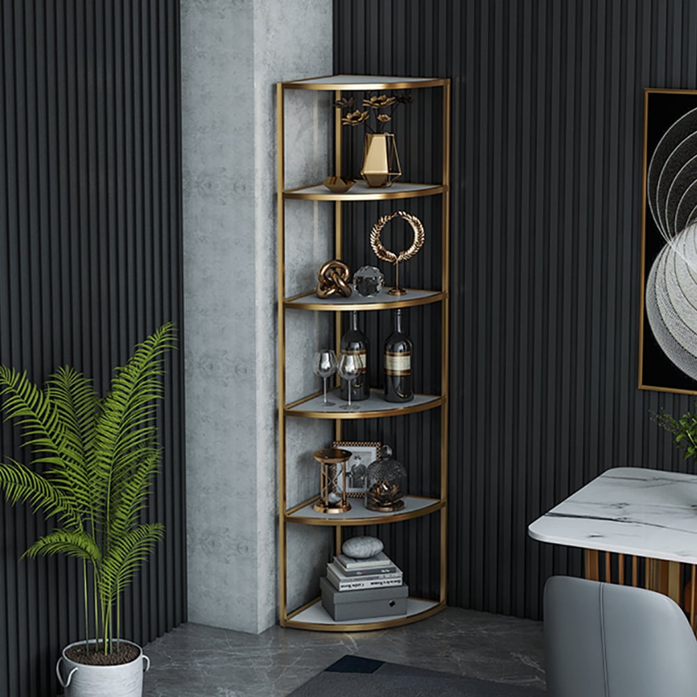 HMR - 6-Tier Modern Fan-Shaped Shelves Standing Corner Shelf in White & Gold
