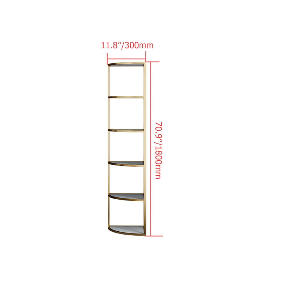 HMR - 6-Tier Modern Fan-Shaped Shelves Standing Corner Shelf in White & Gold