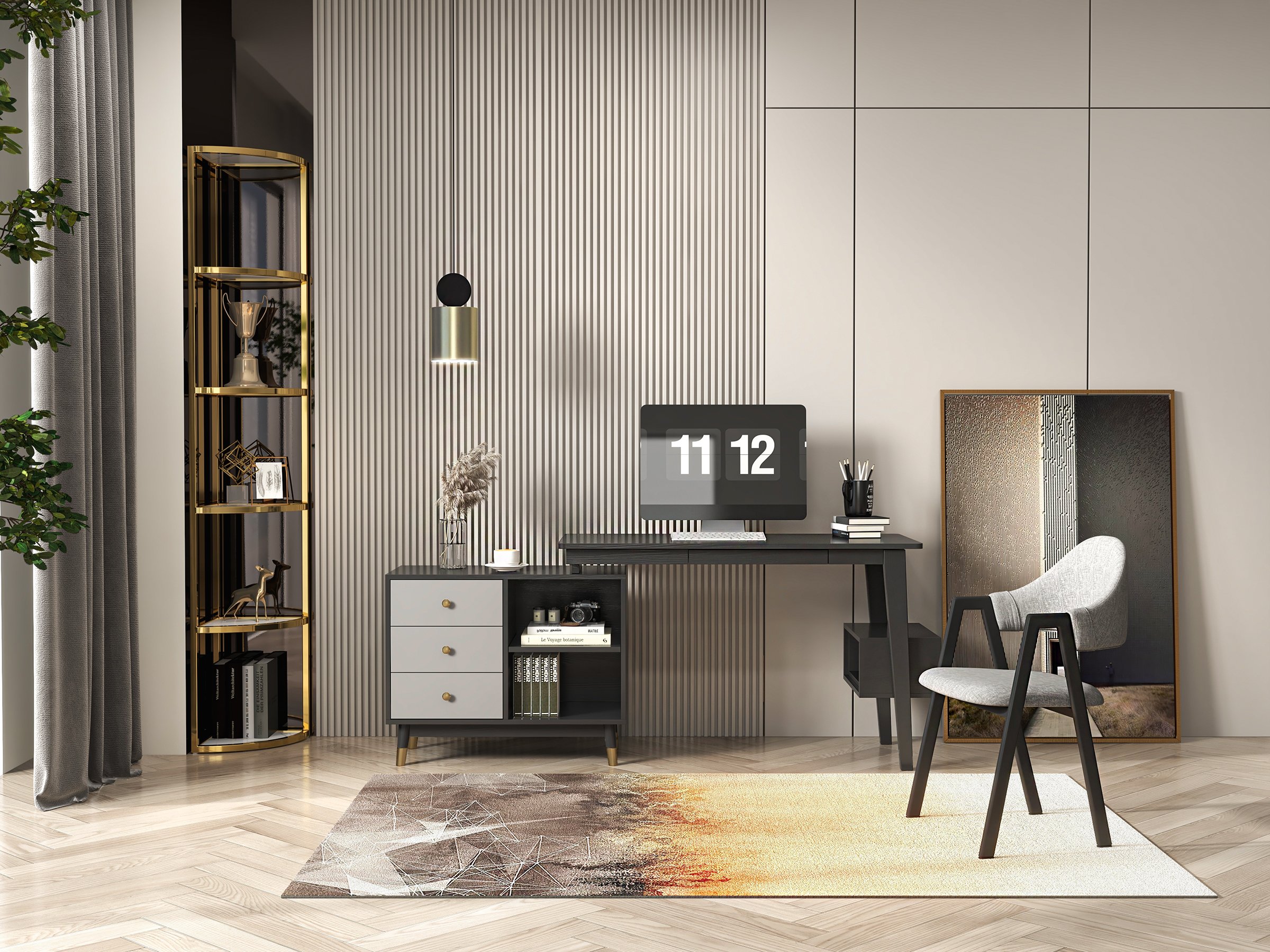 HMR - 6-Tier Modern Fan-Shaped Shelves Standing Corner Shelf in White & Gold