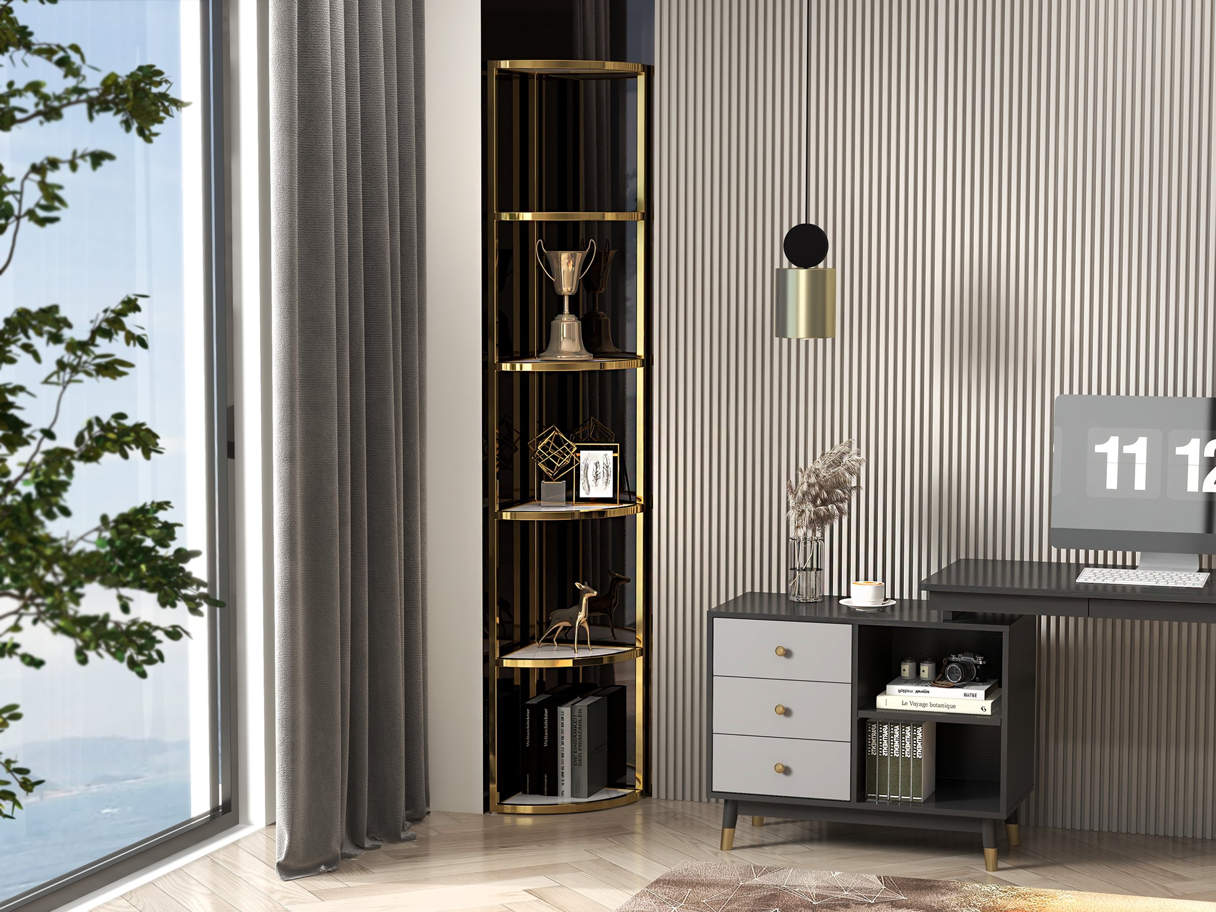 HMR - 6-Tier Modern Fan-Shaped Shelves Standing Corner Shelf in White & Gold
