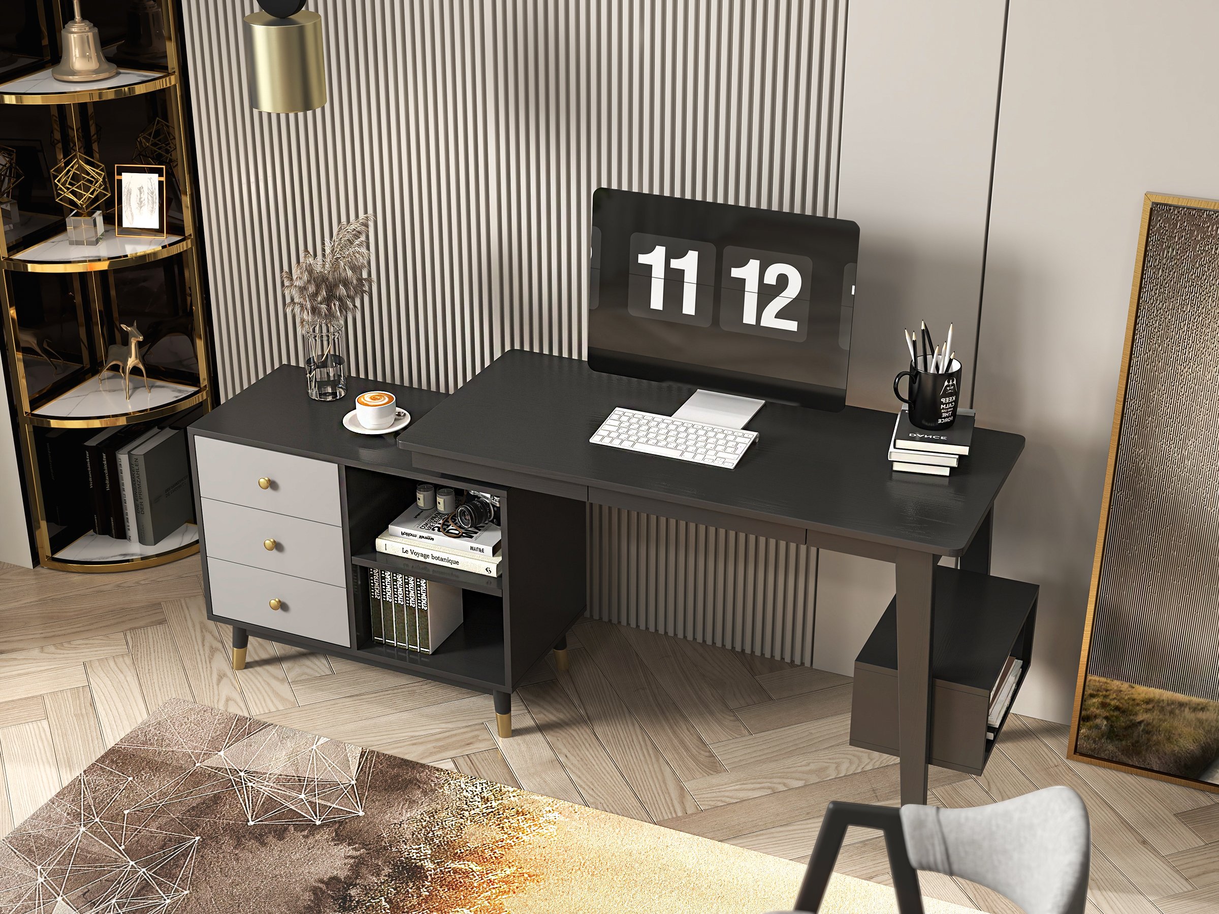 HMR - 6-Tier Modern Fan-Shaped Shelves Standing Corner Shelf in White & Gold