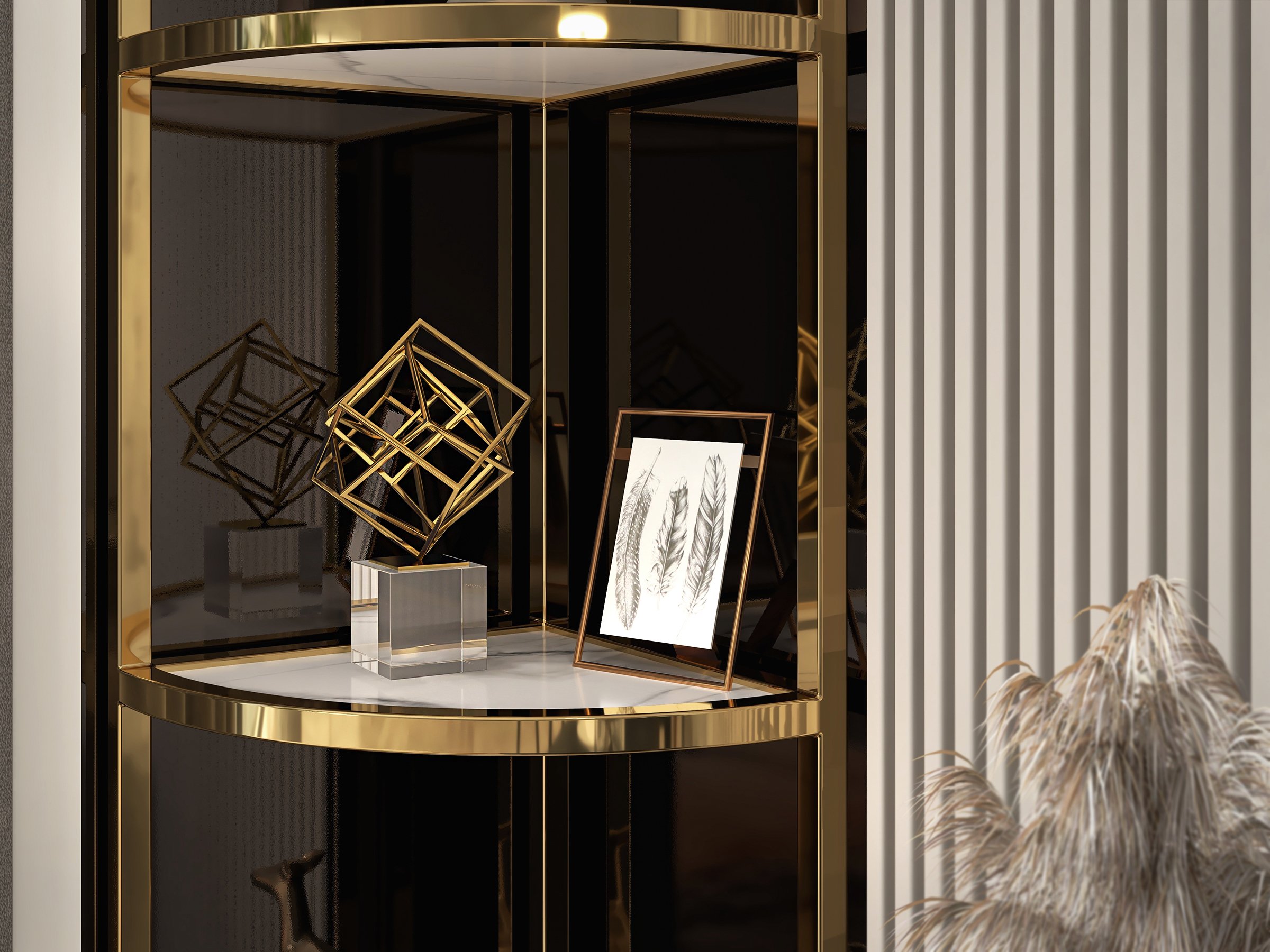 HMR - 6-Tier Modern Fan-Shaped Shelves Standing Corner Shelf in White & Gold