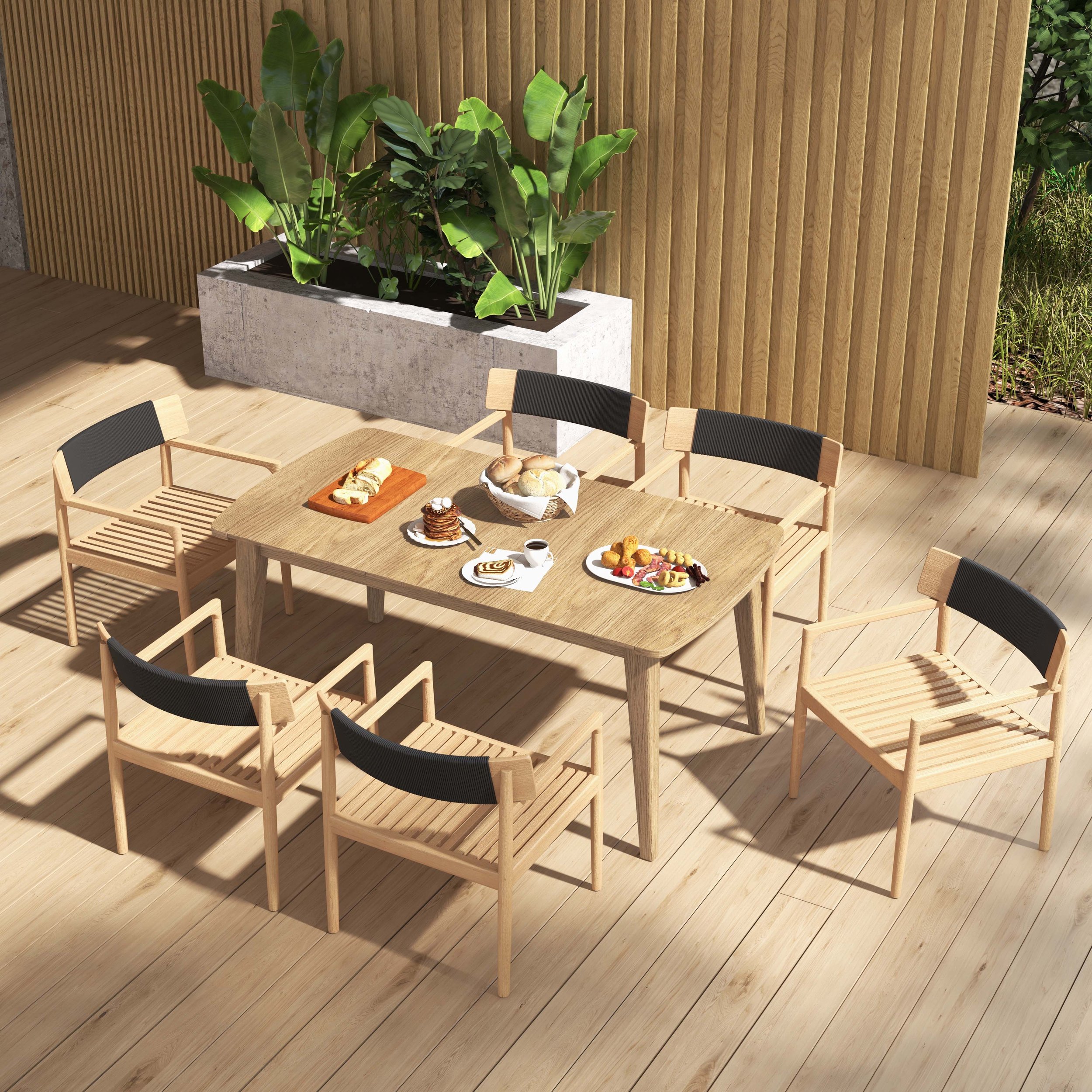 HMR - Modern Wood Outdoor Patio Dining Chair Armchair in Natural (Set of 2）