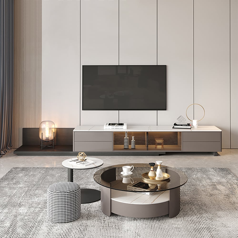 HMR - Italian Style Retractable TV Stand with 4 Drawers & LED Light for TV Up to 120 Inch