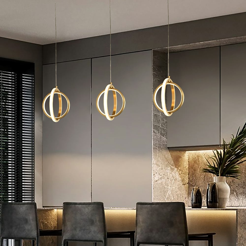 HMR - Gold Geometric Pendant Light 2-Ring LED Hanging Light in Brass