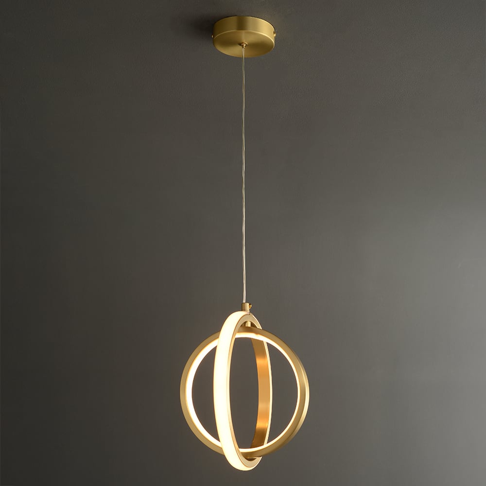 HMR - Gold Geometric Pendant Light 2-Ring LED Hanging Light in Brass