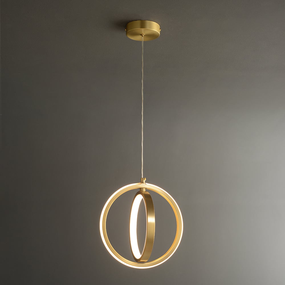 HMR - Gold Geometric Pendant Light 2-Ring LED Hanging Light in Brass