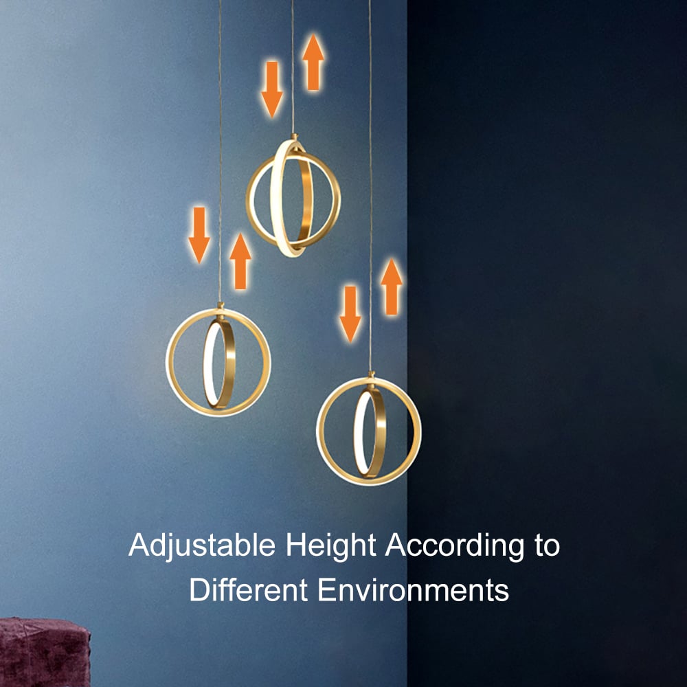 HMR - Gold Geometric Pendant Light 2-Ring LED Hanging Light in Brass