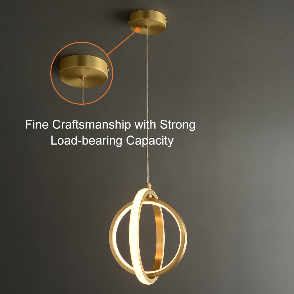 HMR - Gold Geometric Pendant Light 2-Ring LED Hanging Light in Brass