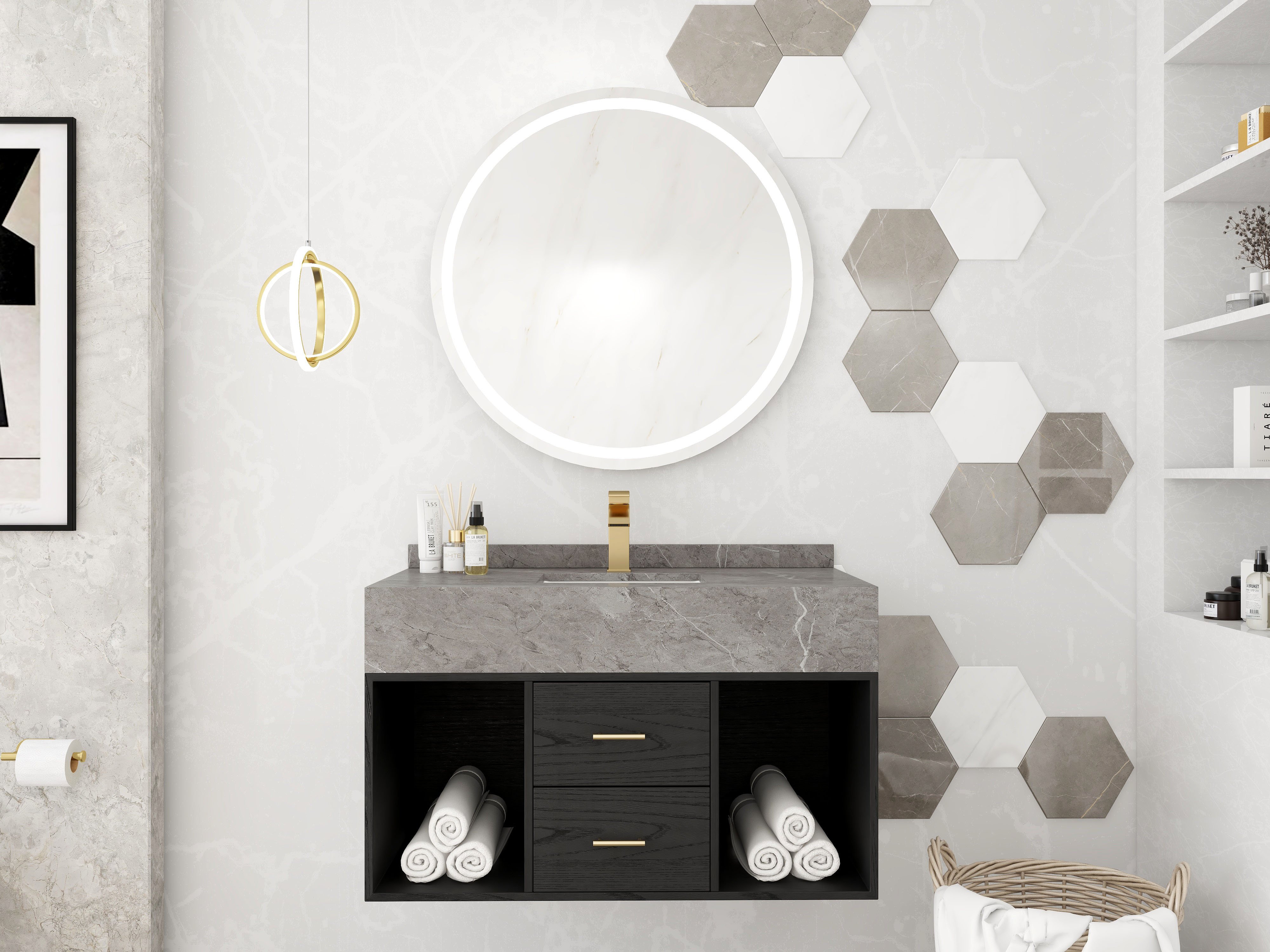 HMR - Gold Geometric Pendant Light 2-Ring LED Hanging Light in Brass