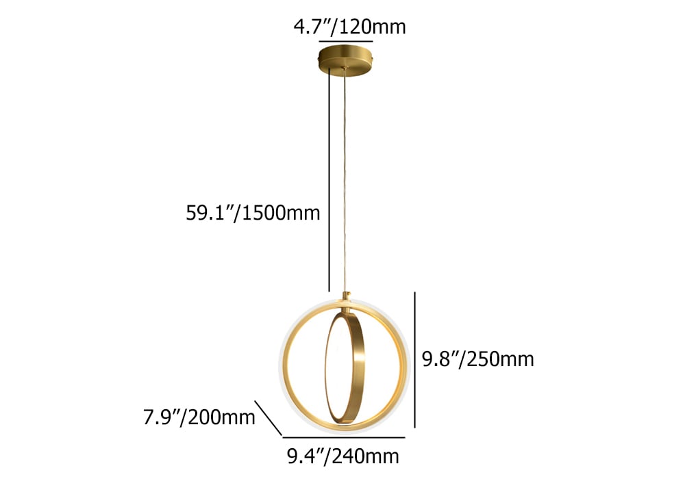 HMR - Gold Geometric Pendant Light 2-Ring LED Hanging Light in Brass