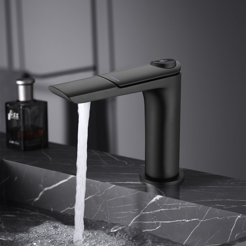 HMR - Black Single Hole Bathroom Sink Faucet With Single Handle Press Button Solid Brass